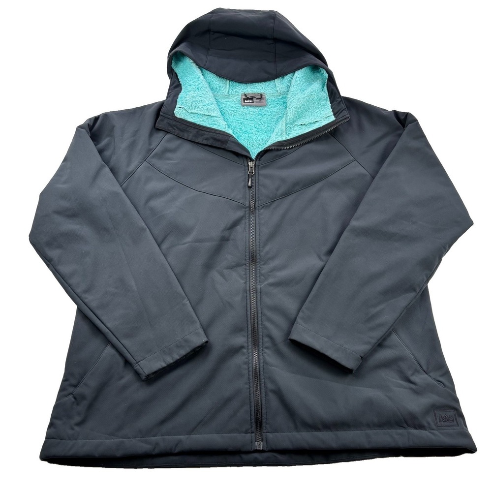 REI Co-op Women's Sz 2X Soft Shell Jacket Black Lined Hooded Full Zip Hiking